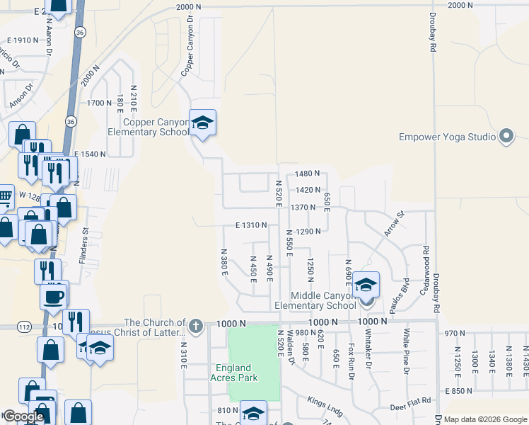 map of restaurants, bars, coffee shops, grocery stores, and more near 452 East 1420 North in Tooele