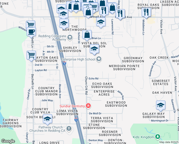 map of restaurants, bars, coffee shops, grocery stores, and more near 3411 Churn Creek Road in Redding
