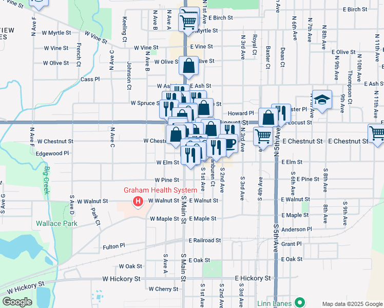 map of restaurants, bars, coffee shops, grocery stores, and more near 109 North Main Street in Canton