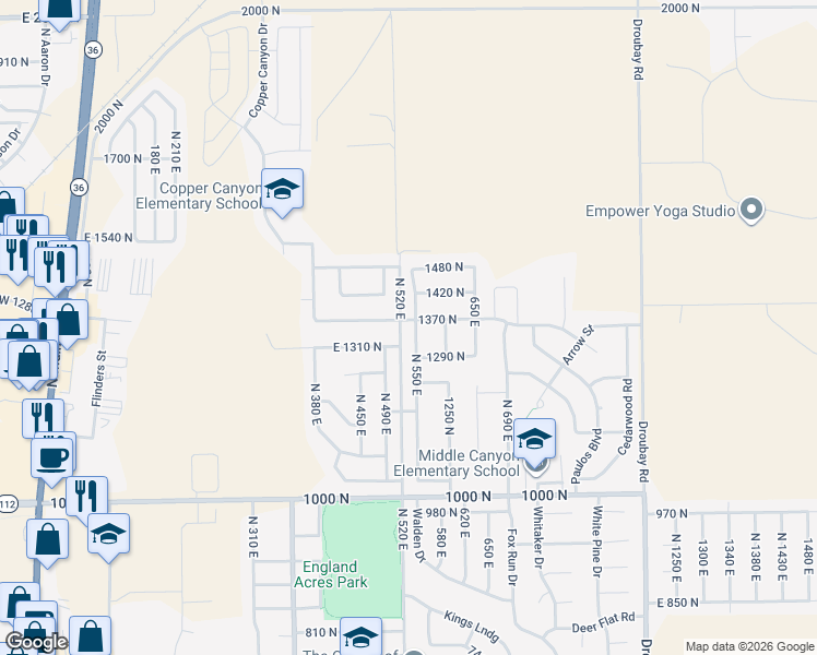 map of restaurants, bars, coffee shops, grocery stores, and more near 492 East 1420 North in Tooele