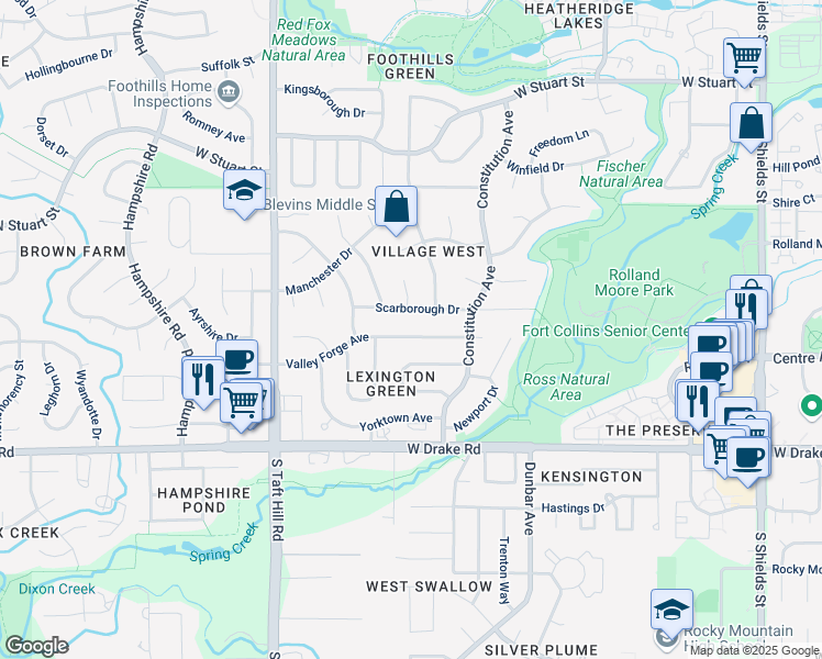 map of restaurants, bars, coffee shops, grocery stores, and more near 2224 Scarborough Court in Fort Collins