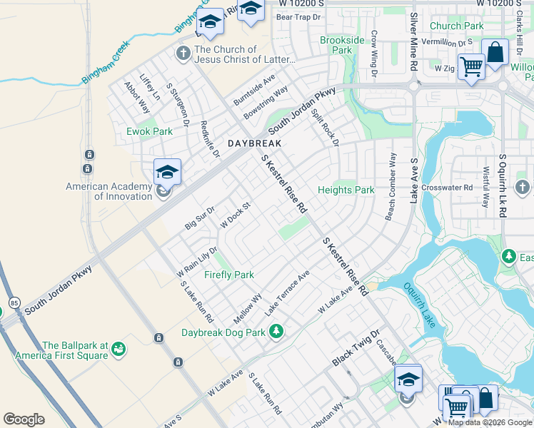 map of restaurants, bars, coffee shops, grocery stores, and more near 5163 West Arista Way in South Jordan