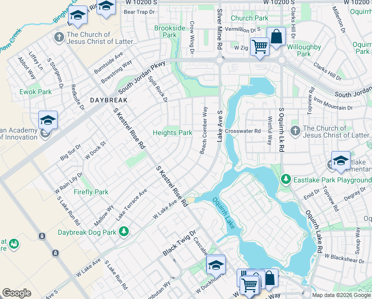 map of restaurants, bars, coffee shops, grocery stores, and more near 10734 Lake Terrace Avenue in South Jordan