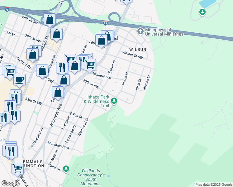 map of restaurants, bars, coffee shops, grocery stores, and more near 2955 Ithaca Street in Allentown