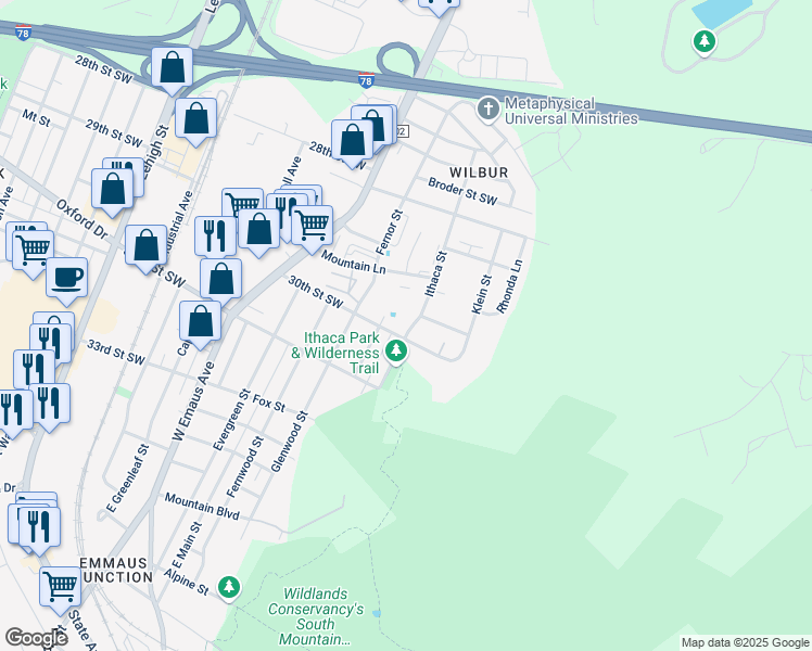 map of restaurants, bars, coffee shops, grocery stores, and more near 2955 Ithaca Street in Allentown