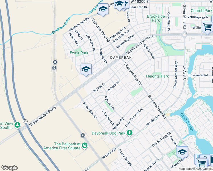 map of restaurants, bars, coffee shops, grocery stores, and more near 5291 Big Sur Drive in South Jordan