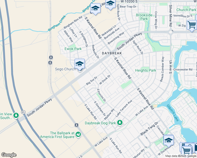 map of restaurants, bars, coffee shops, grocery stores, and more near 5288 Big Sur Drive in South Jordan