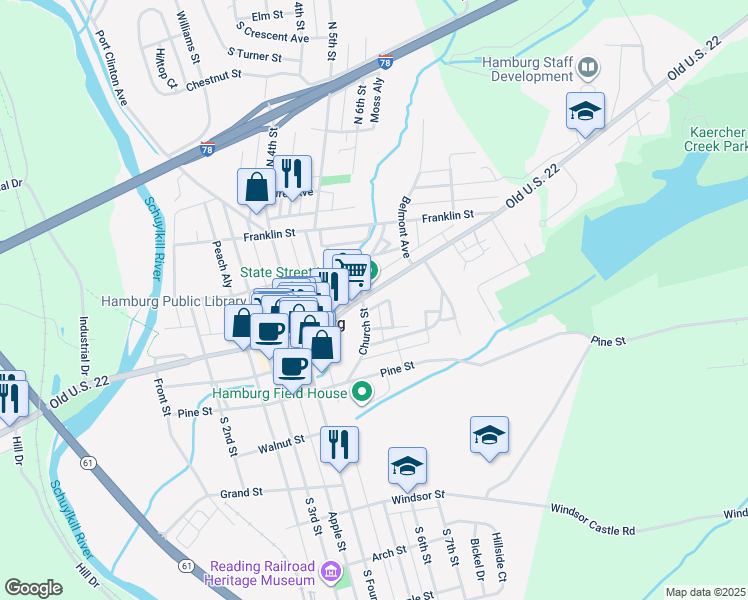 map of restaurants, bars, coffee shops, grocery stores, and more near 614 State Street in Hamburg