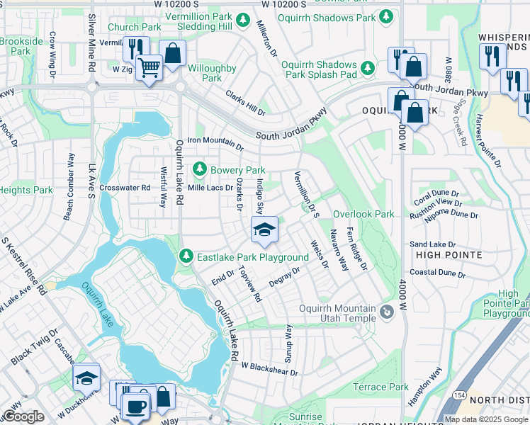 map of restaurants, bars, coffee shops, grocery stores, and more near 10729 Indigo Sky Way in South Jordan