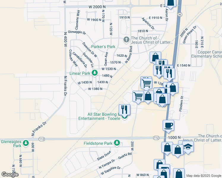 map of restaurants, bars, coffee shops, grocery stores, and more near 124 Ebbets Field in Tooele