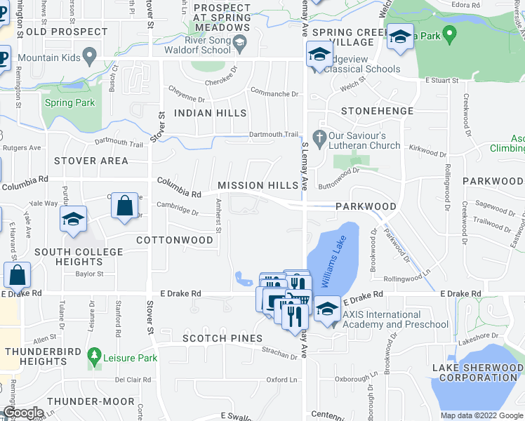 map of restaurants, bars, coffee shops, grocery stores, and more near 925 Columbia Road in Fort Collins