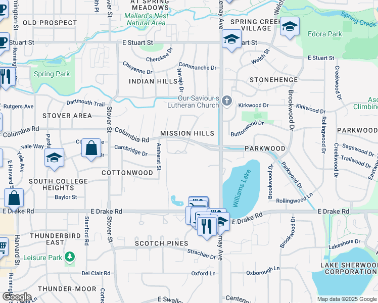 map of restaurants, bars, coffee shops, grocery stores, and more near 925 Columbia Road in Fort Collins