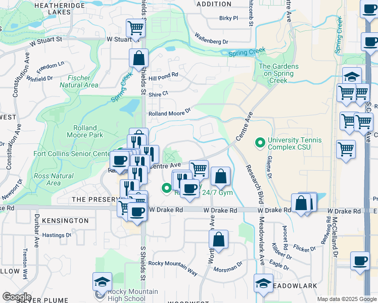 map of restaurants, bars, coffee shops, grocery stores, and more near 718 Centre Avenue in Fort Collins