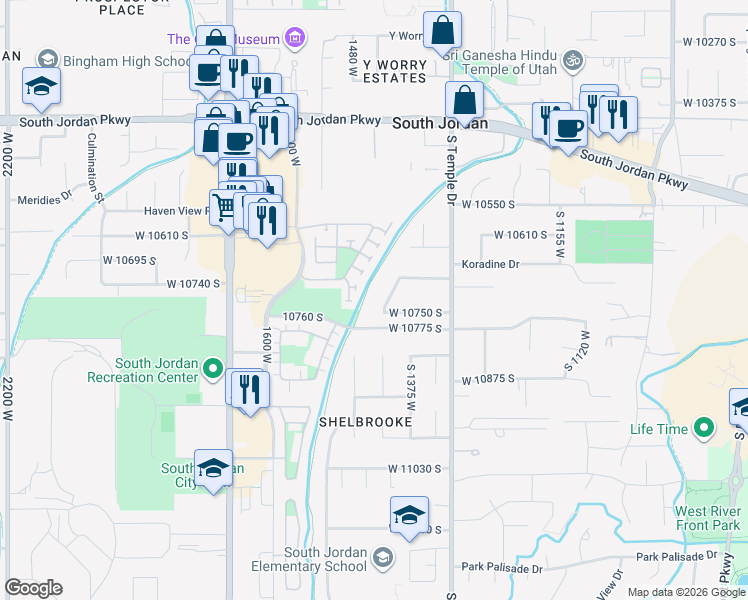 map of restaurants, bars, coffee shops, grocery stores, and more near 1468 Balsam Fir Court in South Jordan