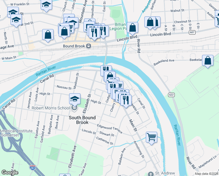 map of restaurants, bars, coffee shops, grocery stores, and more near 24 Main Street in South Bound Brook