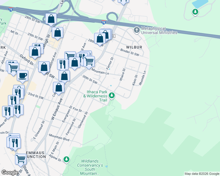 map of restaurants, bars, coffee shops, grocery stores, and more near 2926 Fernor Street in Allentown
