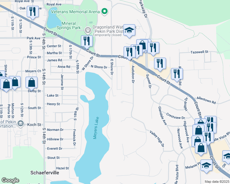 map of restaurants, bars, coffee shops, grocery stores, and more near 717-769 East Shore Drive in Pekin