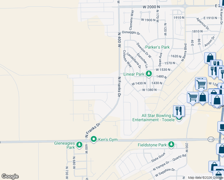 map of restaurants, bars, coffee shops, grocery stores, and more near 444 West 1360 North in Tooele