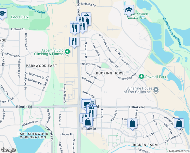 map of restaurants, bars, coffee shops, grocery stores, and more near 2233 Windrow Drive in Fort Collins
