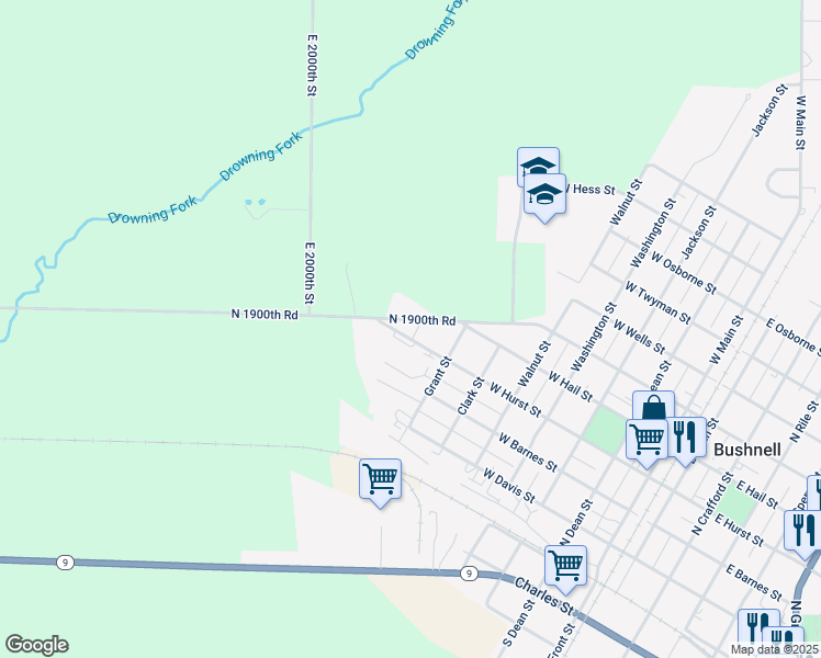 map of restaurants, bars, coffee shops, grocery stores, and more near 20166-20306 North 1900th Road in Bushnell