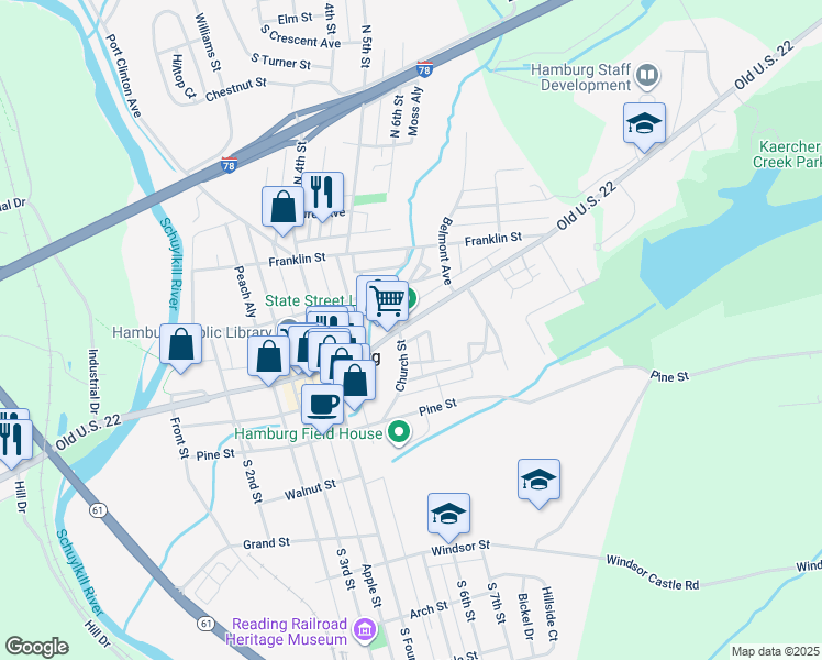 map of restaurants, bars, coffee shops, grocery stores, and more near 614 State Street in Hamburg