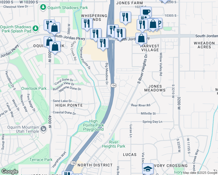 map of restaurants, bars, coffee shops, grocery stores, and more near 10847 Big Meadow Drive in South Jordan
