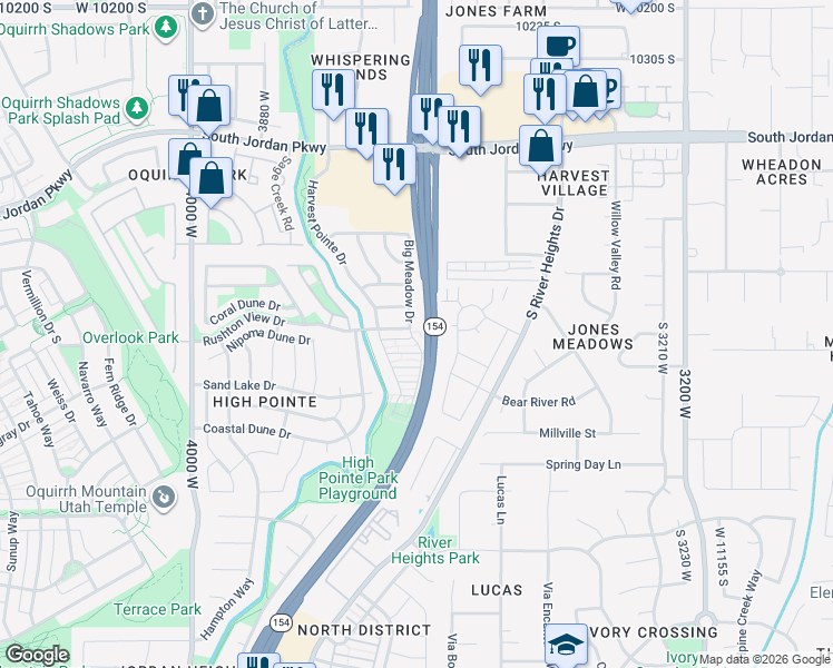 map of restaurants, bars, coffee shops, grocery stores, and more near 10847 Big Meadow Drive in South Jordan