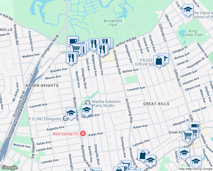 map of restaurants, bars, coffee shops, grocery stores, and more near 133 Cortelyou Avenue in Staten Island