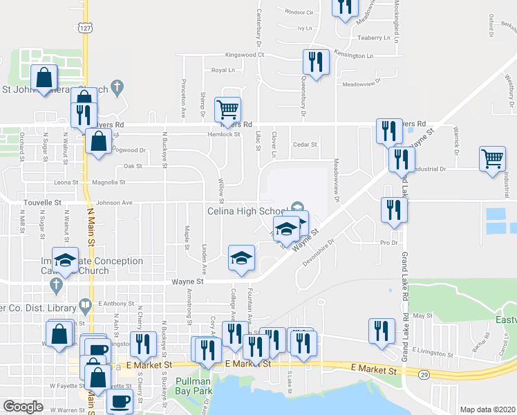 map of restaurants, bars, coffee shops, grocery stores, and more near 651 Holly Street in Celina