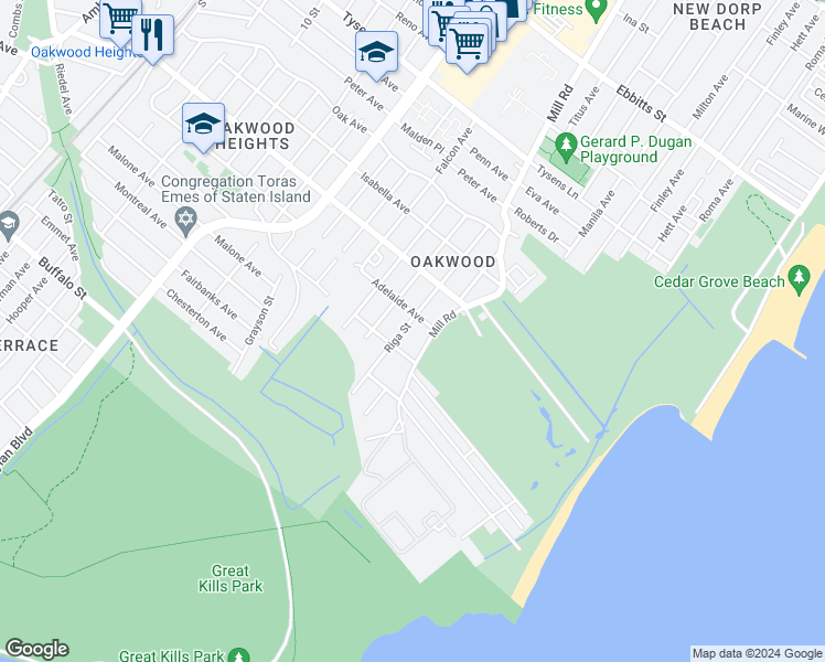 map of restaurants, bars, coffee shops, grocery stores, and more near 518 Riga Street in Staten Island