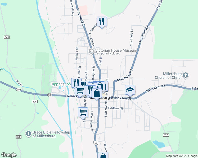 map of restaurants, bars, coffee shops, grocery stores, and more near 261 North Washington Street in Millersburg