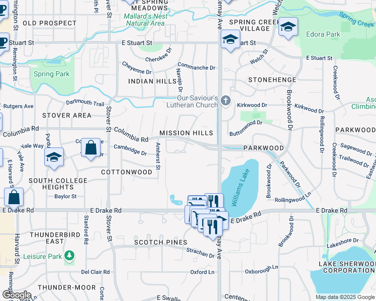map of restaurants, bars, coffee shops, grocery stores, and more near 925 Columbia Road in Fort Collins
