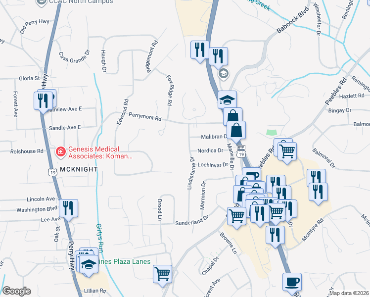 map of restaurants, bars, coffee shops, grocery stores, and more near 532 Perrymont Road in Pittsburgh