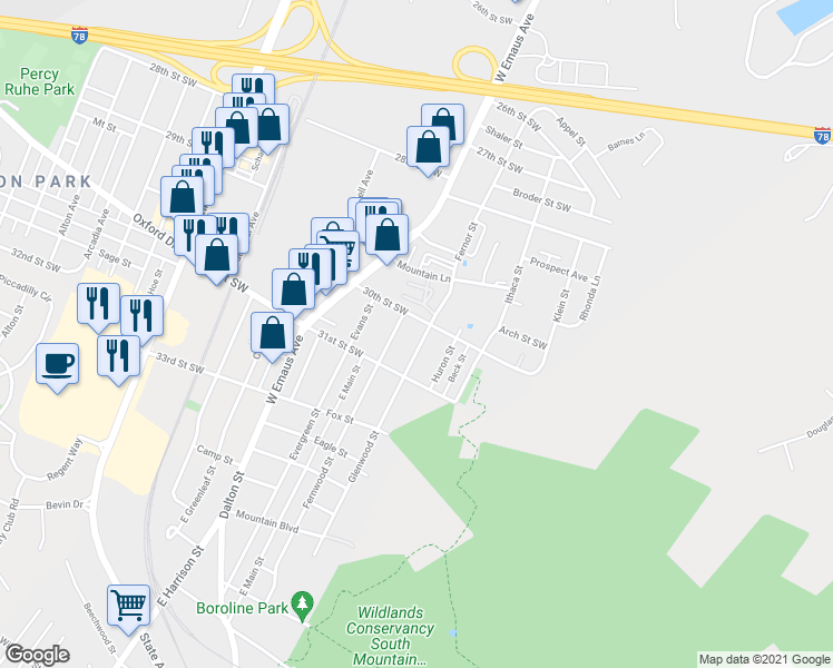 map of restaurants, bars, coffee shops, grocery stores, and more near 3011 Fernor Street in Allentown