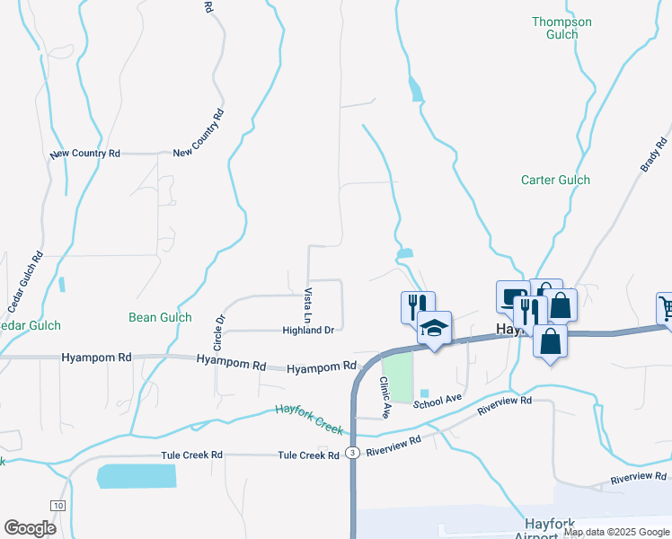 map of restaurants, bars, coffee shops, grocery stores, and more near North Vista Lane in Hayfork