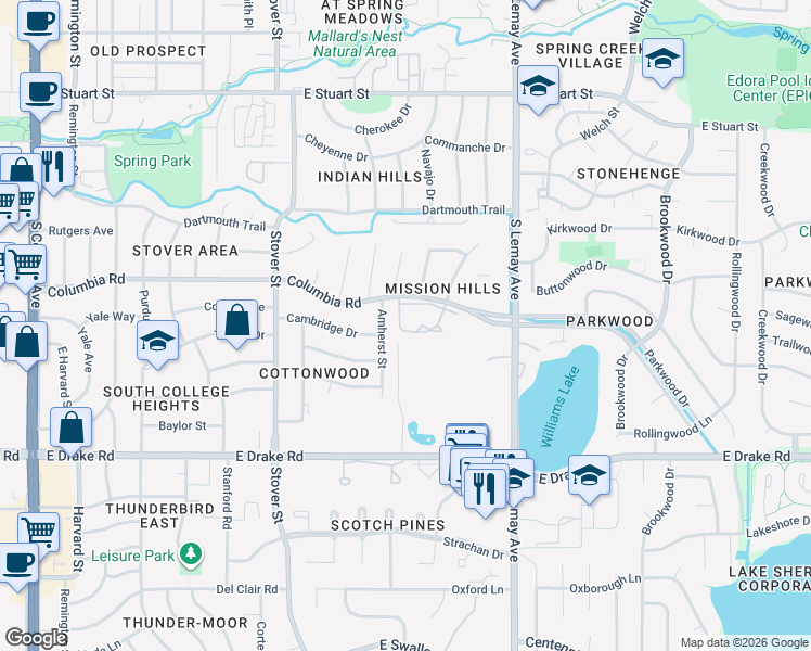 map of restaurants, bars, coffee shops, grocery stores, and more near 2300 Amherst Street in Fort Collins