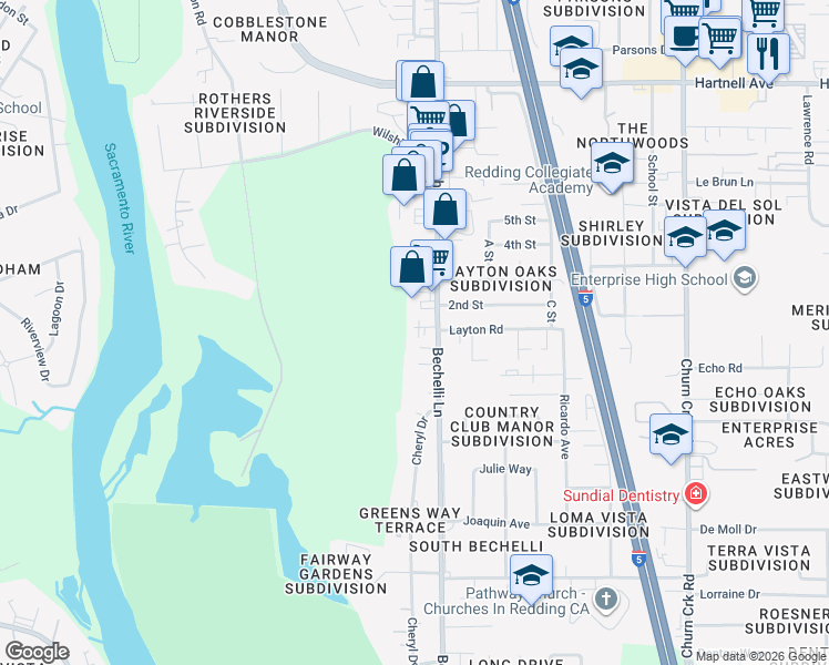 map of restaurants, bars, coffee shops, grocery stores, and more near 3434 Bechelli Ln in Redding