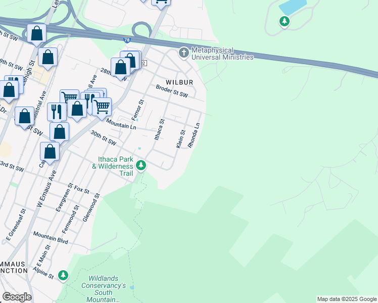 map of restaurants, bars, coffee shops, grocery stores, and more near 2901 Rhonda Lane in Allentown