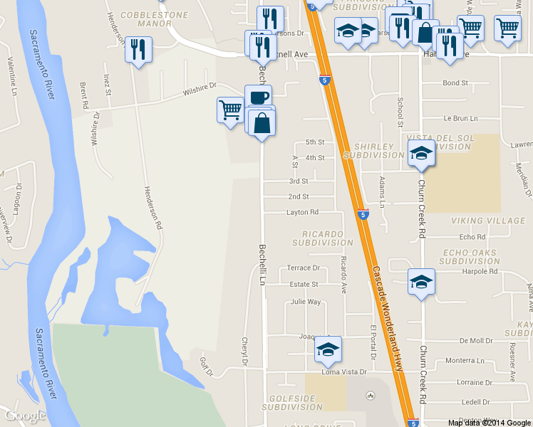 map of restaurants, bars, coffee shops, grocery stores, and more near 3437 Bechelli Lane in Redding