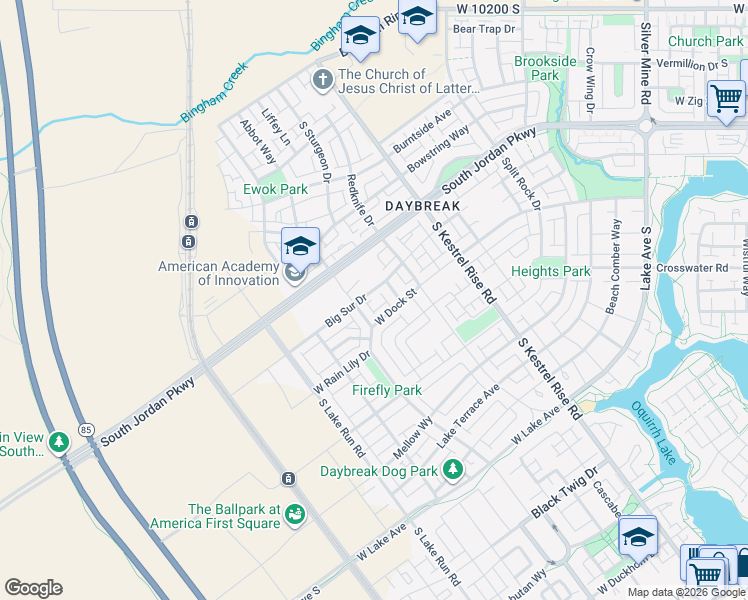 map of restaurants, bars, coffee shops, grocery stores, and more near 5283 Big Sur Drive in South Jordan