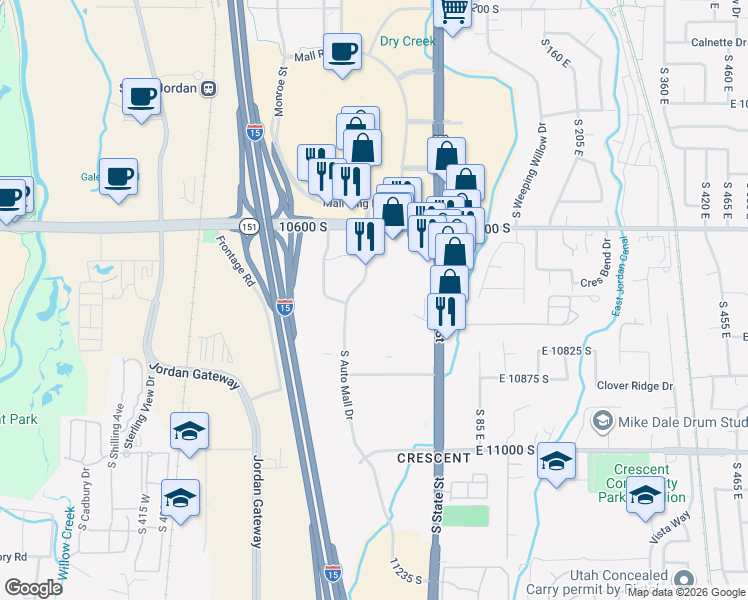 map of restaurants, bars, coffee shops, grocery stores, and more near 10695 Auto Mall Drive in Sandy