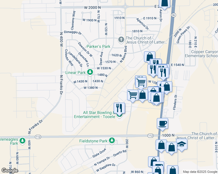 map of restaurants, bars, coffee shops, grocery stores, and more near 1368 Baen Way in Tooele
