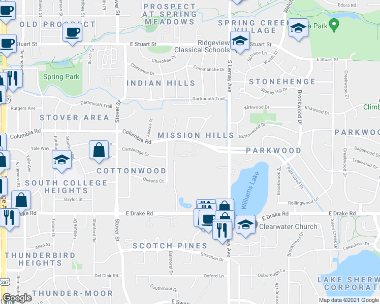 map of restaurants, bars, coffee shops, grocery stores, and more near 925 Columbia Road in Fort Collins