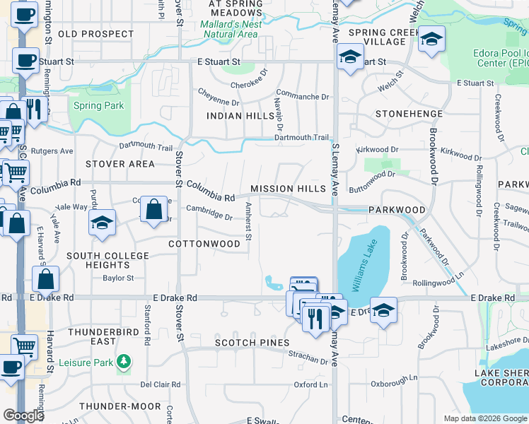 map of restaurants, bars, coffee shops, grocery stores, and more near 2300 Amherst Street in Fort Collins