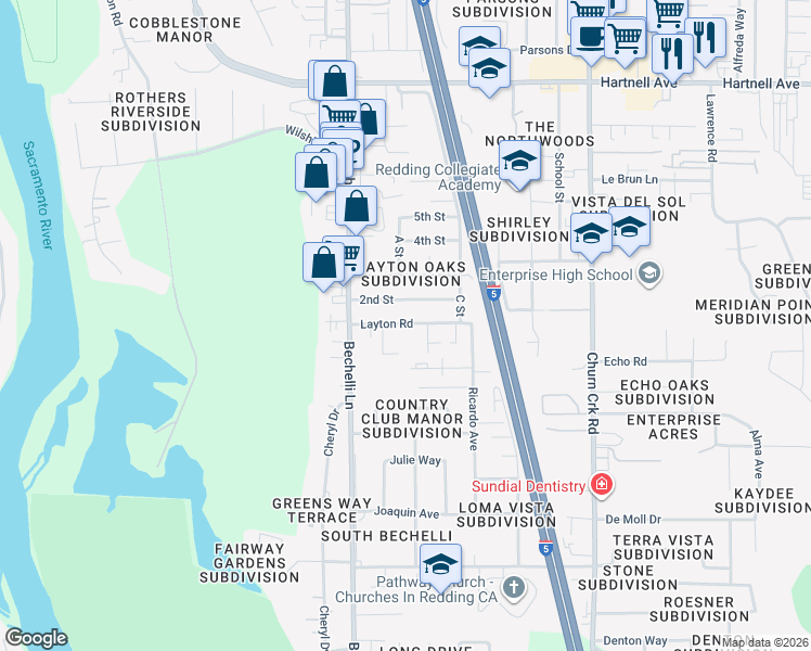 map of restaurants, bars, coffee shops, grocery stores, and more near 1012 2nd Street in Redding