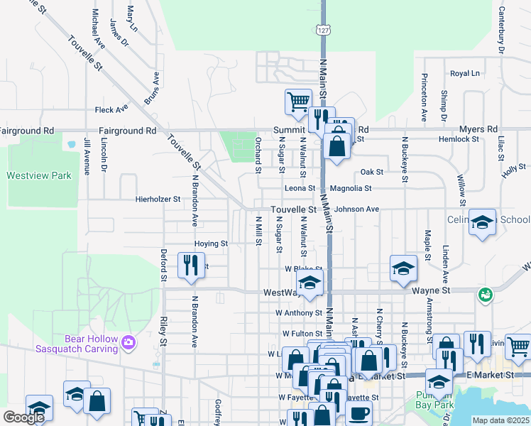 map of restaurants, bars, coffee shops, grocery stores, and more near 315 Touvelle Street in Celina