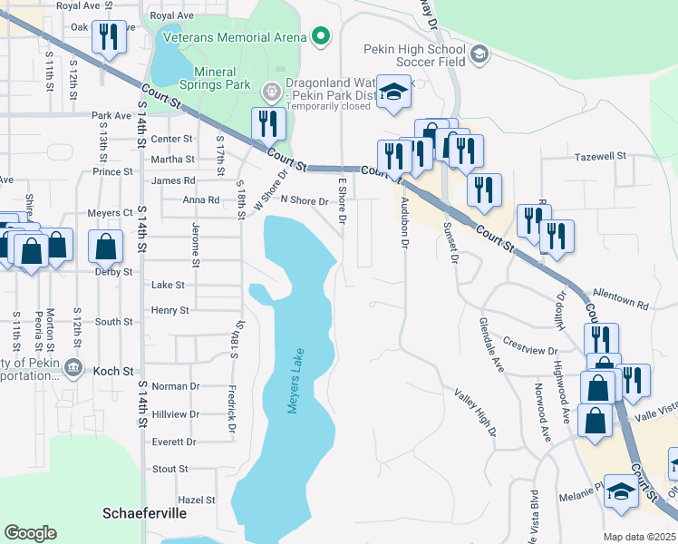map of restaurants, bars, coffee shops, grocery stores, and more near 717-769 East Shore Drive in Pekin