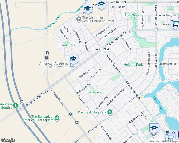 map of restaurants, bars, coffee shops, grocery stores, and more near 5288 Big Sur Drive in South Jordan