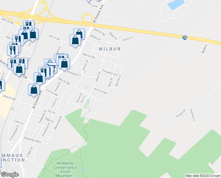 map of restaurants, bars, coffee shops, grocery stores, and more near 2928 Klein Street in Allentown