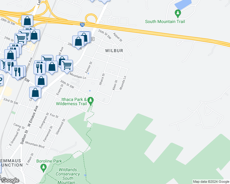 map of restaurants, bars, coffee shops, grocery stores, and more near 2928 Klein Street in Allentown